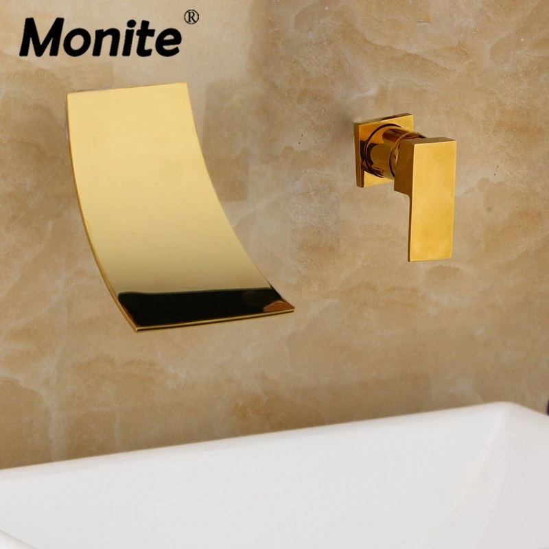 Monite Golden Plated Waterfall Wall Mounted Bathtub Bathroom Basin Sink Mixer Tap Faucet Single Hole Mixer Handle Tap