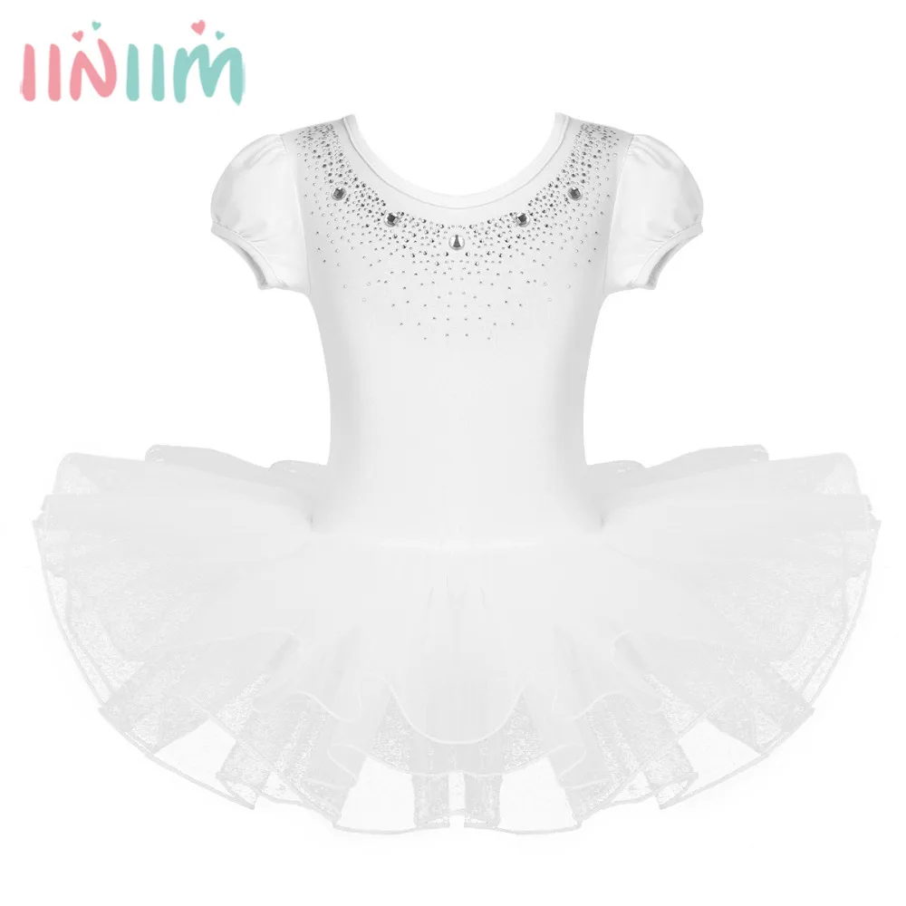 iiniim Kids Mesh Bubble Sleeves Sparkly Rhinestones Ballet Dance Tutu Dress for Child Gymnastics Leotard Costumes Party | Детская одежда