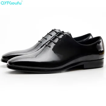 

QYFCIOUFU Genuine Cow Leather Men Luxury Dress Shoes Patent Leather Oxfords Black Lace-up Fashion Square Toe Wedding Shoes