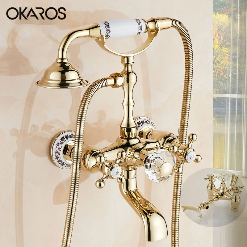 OKAROS Wall Mounted Bathtub Brass Faucet Hand Shower Head Cristal Dual