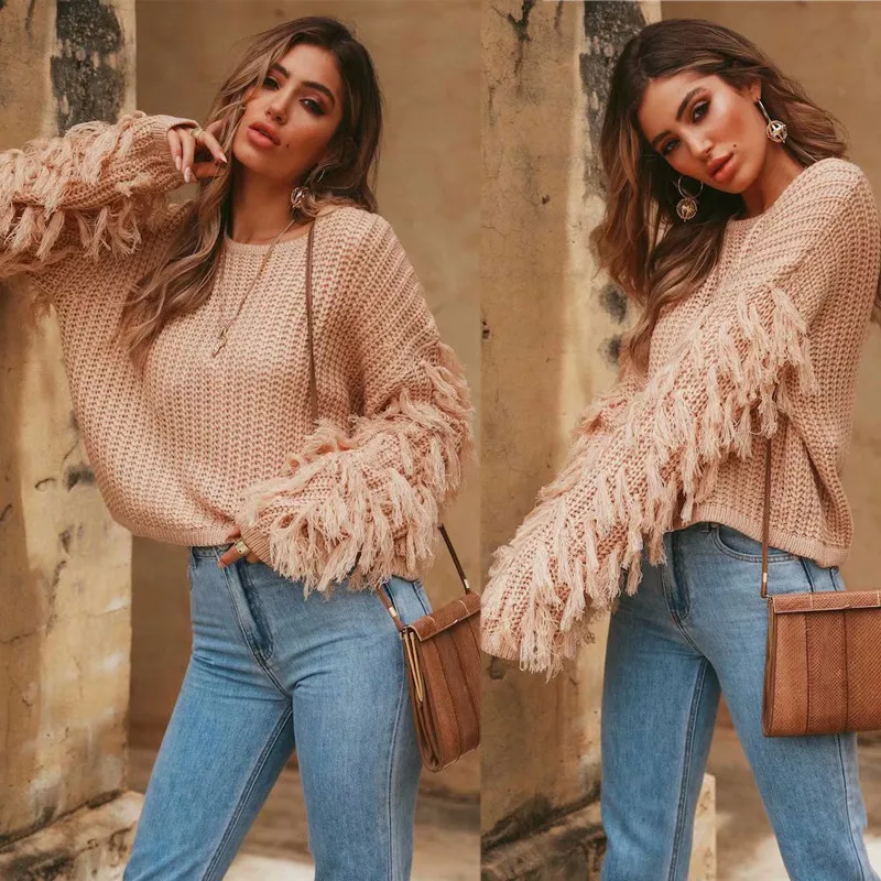yinlinhe Pink Women Long Sleeve Cardigan Knitted Autumn Winter Sweater Women Jumpers Tassel Fashion Out Wear Pullover 3