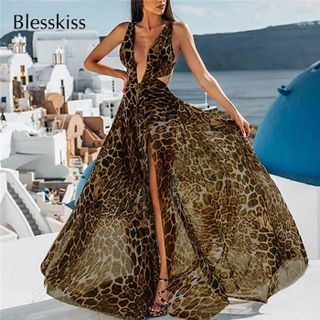 

Blesskiss Sexy Cutout Beach Dress Bikini Cover Up Women Summer Long Leopard Swimsuit Bathing Suit Pareo Beach Holiday Swim Wear