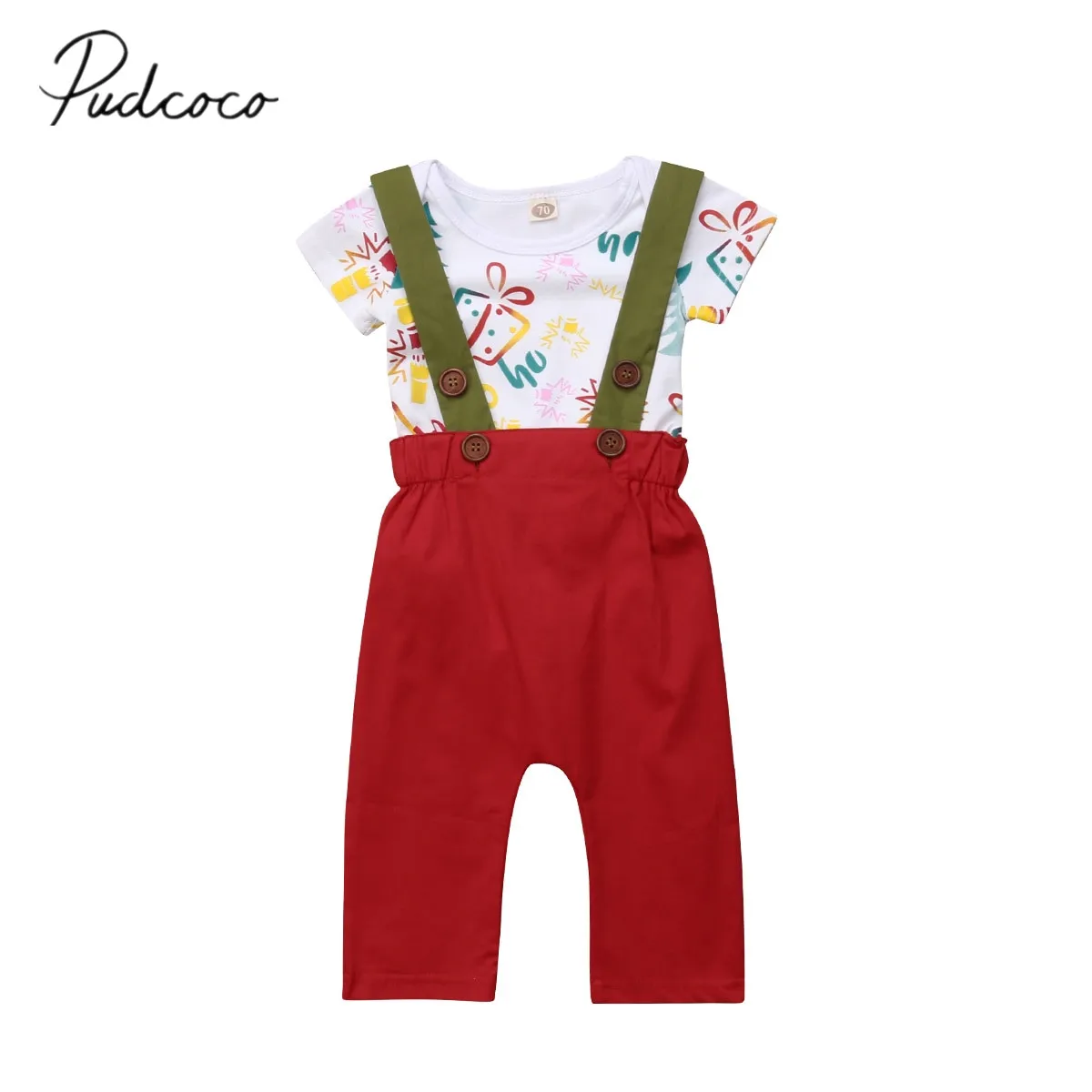 

2018 Brand New Toddler Baby Girl Boy Clothes 2PCS Christmas Shortsleeve Gifts Print Romper Tops+Overalls Pants Outfit Party Sets