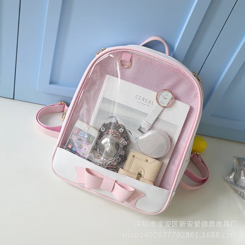 

Raged Sheep Korean Version Fashion Cute Large-capacity Shoulder Backpack Bow Schoolbag Students Transparent Design Girl Bag