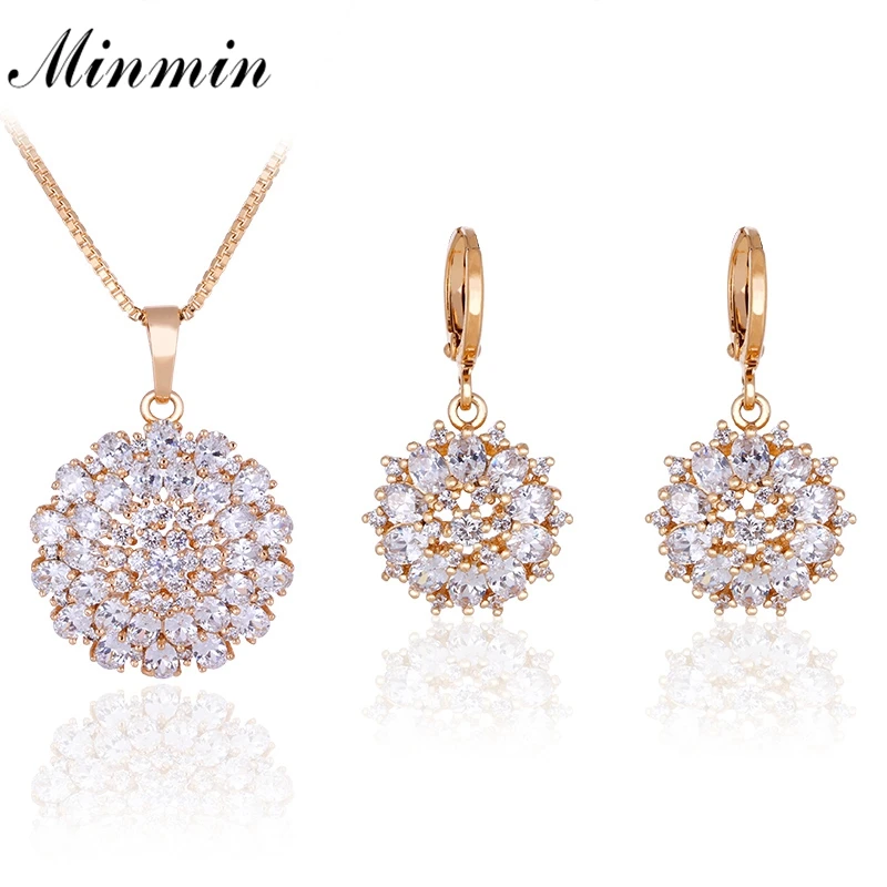 Minmin Bidal Jewelry Sets for Women Cubic Zircon Necklace Earrings Elegant Small Flowers Gold-color Accessory TL357 | Украшения и