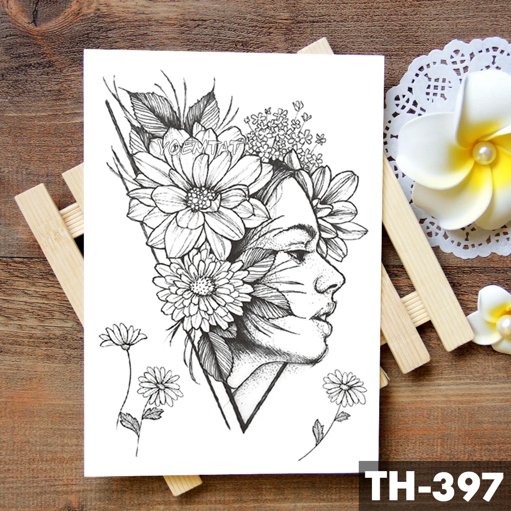 هندسية زهرة روز العين يترك للماء المؤقتة الوشم ملصق الماس الفاوانيا الأسود الوشم هيئة الفن الذراع وهمية الوشم