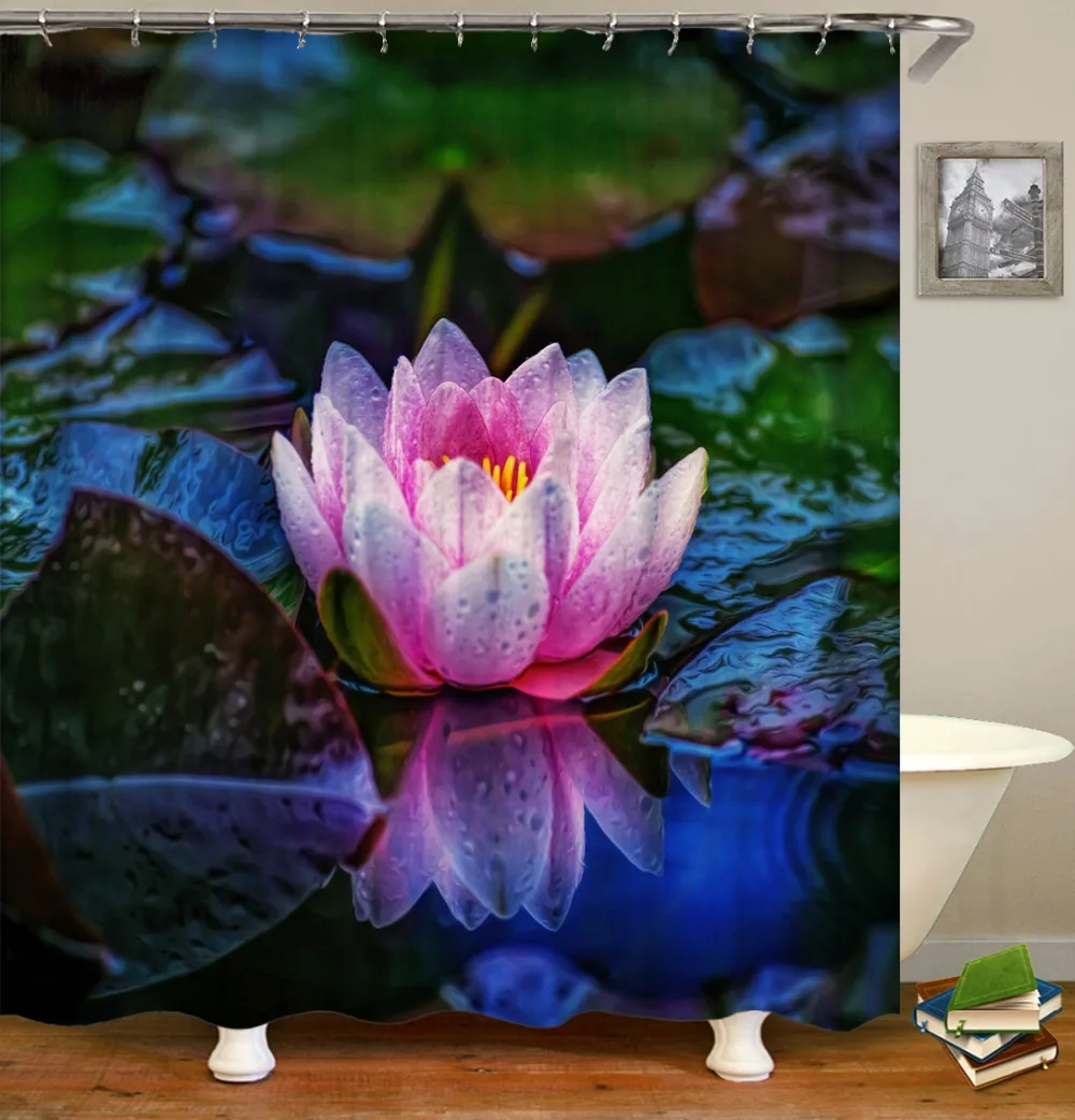 

Lotus Flower Print Waterproof Shower Curtain Polyester Fabric Bath Curtain Home Bathroom Curtains with 12 Hooks Shower Curtains