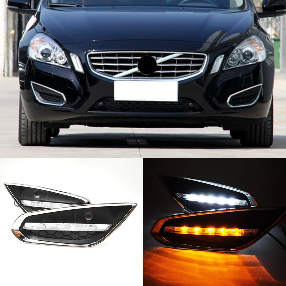 

Car flashing 1Set DRL For Volvo S60 2009 2010 2011 2012 2013 LED Daytime Running Lights Daylight Fog Lamp Turn Yellow Siganl
