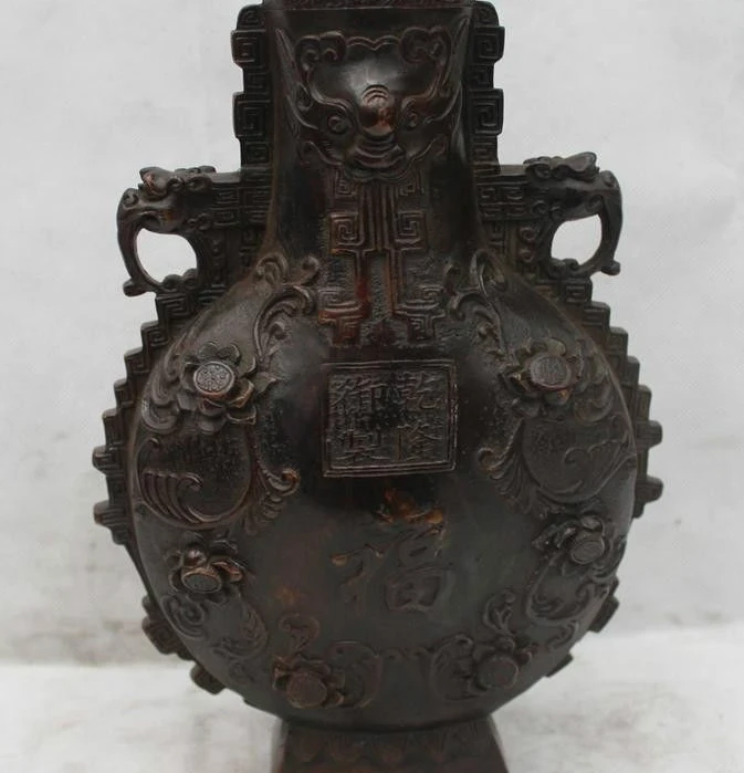 

11"China Chinese Folk Bronze excellent Lucky lotus flower Dragon Vase Statue