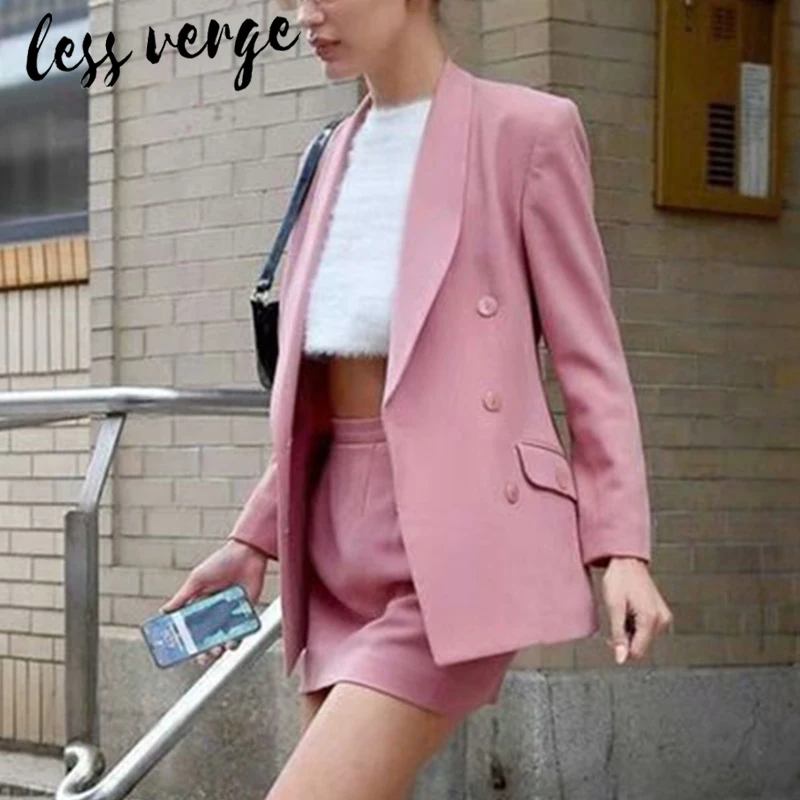 

Lessverge Auutmn pink office lady casual blazer dress suit Women double button bodycon 2 piece set dress Elegant slim dress 2019