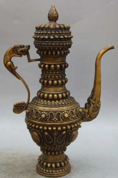 

JP S0524 14" Marked Chinese Palace Copper Dragon Beast Handle Bead Wine Tea Pot Flagon