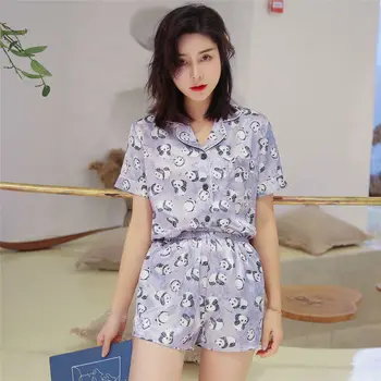 

2PCS Shirt&shorts Blue Satin Women Sleepwear Casual Pajamas Suit Sleep Set Print Animal&floral Buttons Pocket Homewear Nightgown