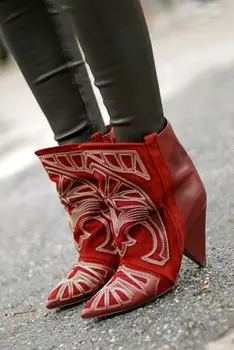 

2019 newst pointed toe high heel boots laser embroidery leather riding boots woman spike heels short boots wine red black