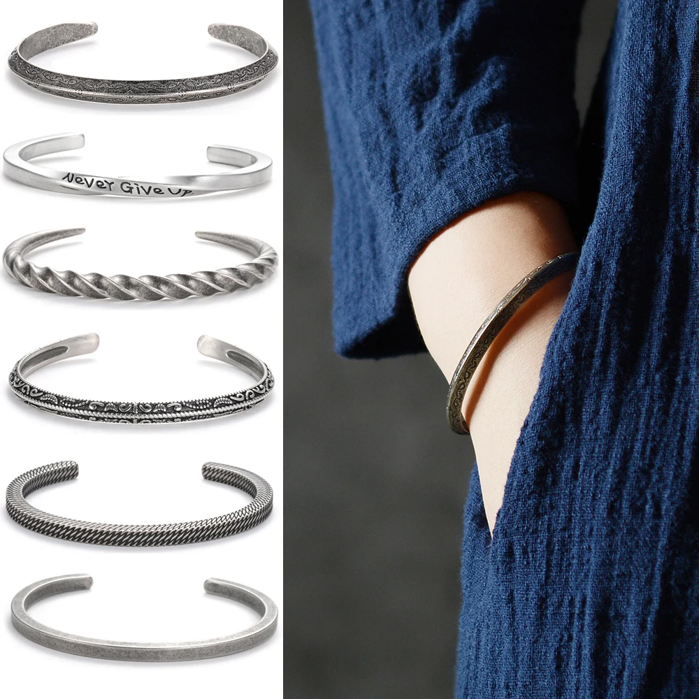Викинг панк античный Титан Нержавеющая сталь Серебро дизайн открытые манжеты браслеты для мужчин рок мужские ювелирные изделия