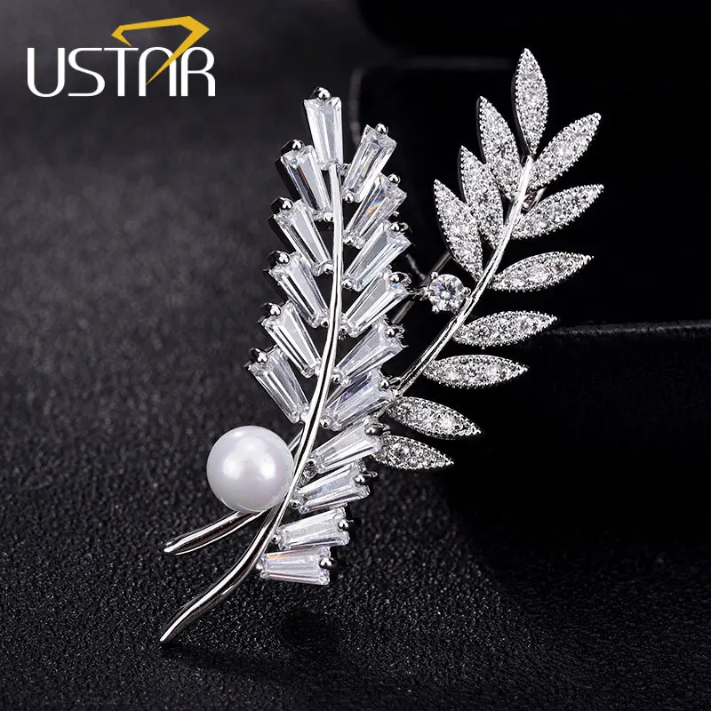 

USTAR Micro Paved Shiny Cubic Zirconia Leaf Brooches and Pins for women with Simulated Pearl Brooch female broches Accessories