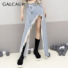 GALCAUR летняя стандартная юбка для женщин с высокой талией бахромой Сплит узкие джинсовые юбки женская модная одежда корейская новая