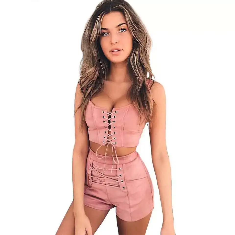 

Top women Summer 2019 Amazon Euro-American Sexy Street Pure Color Sleeveless Round Tie Straight Shorts Pure Color Suit