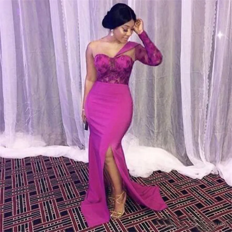 

One shoulder Mermaid Long Evening Gown 2019 Trendy Fuchsia Applique African Women Side Slit Prom Party Dresses robe de soiree