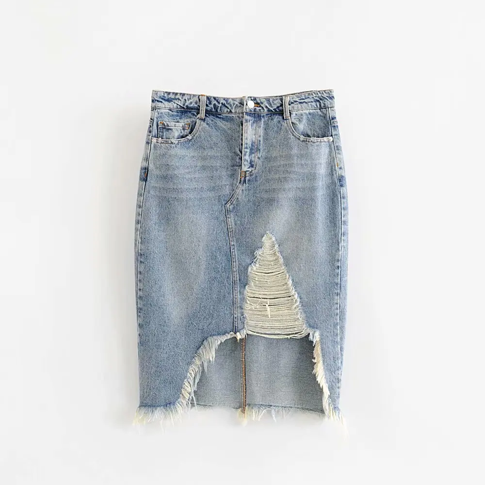 

Summer Fashion Ripped Jeans Skirt Women Streetwear High Waist Long Female Irregular Denim Skirts Washed faldas mujer moda 2019