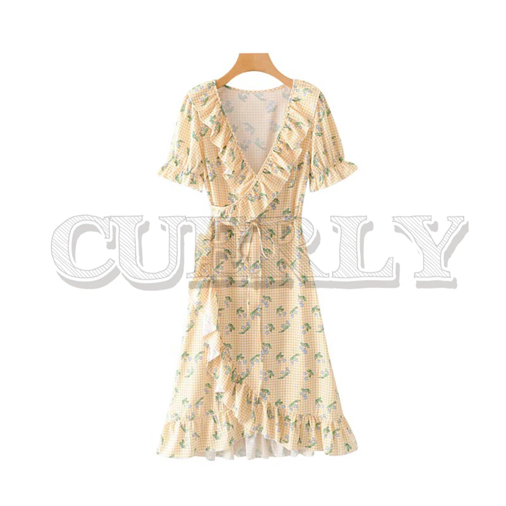 

CUERLY women sweet print cross V neck wrap midi dress puff short sleeve sashes cuff elastic design female stylish dresses