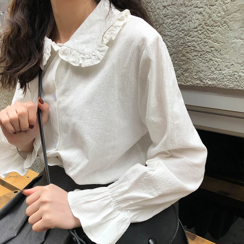 

Korean Soft Sister Cute Ruffles Collar Vintage Shirts Women 2019 New Spring Long Sleeve Casual Blouses