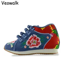Veowalk Новый Дизайн Весна женская Обувь Китайская Случайные Удобные Цветок Вышитые Джинсовые Обувь Женская Обувь Для Ходьбы