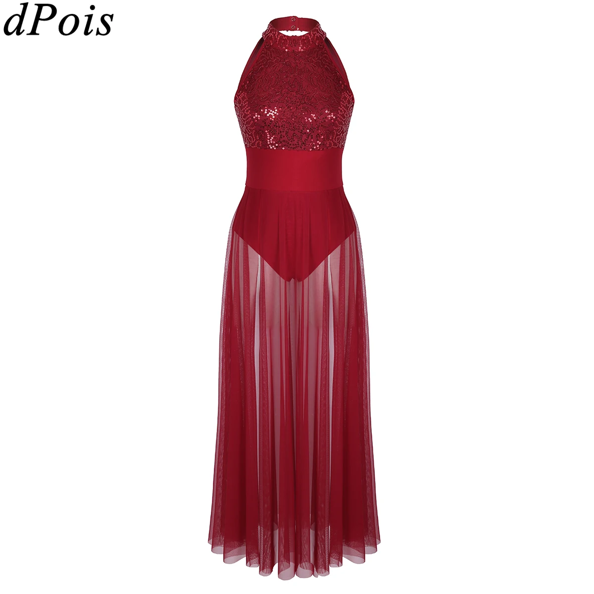 

Women Adult Sleeveless Halter Sequined Mesh Maxi Ballet Dance Stage Performance Dress with Built-in Leotard Lyrical Dance Dress