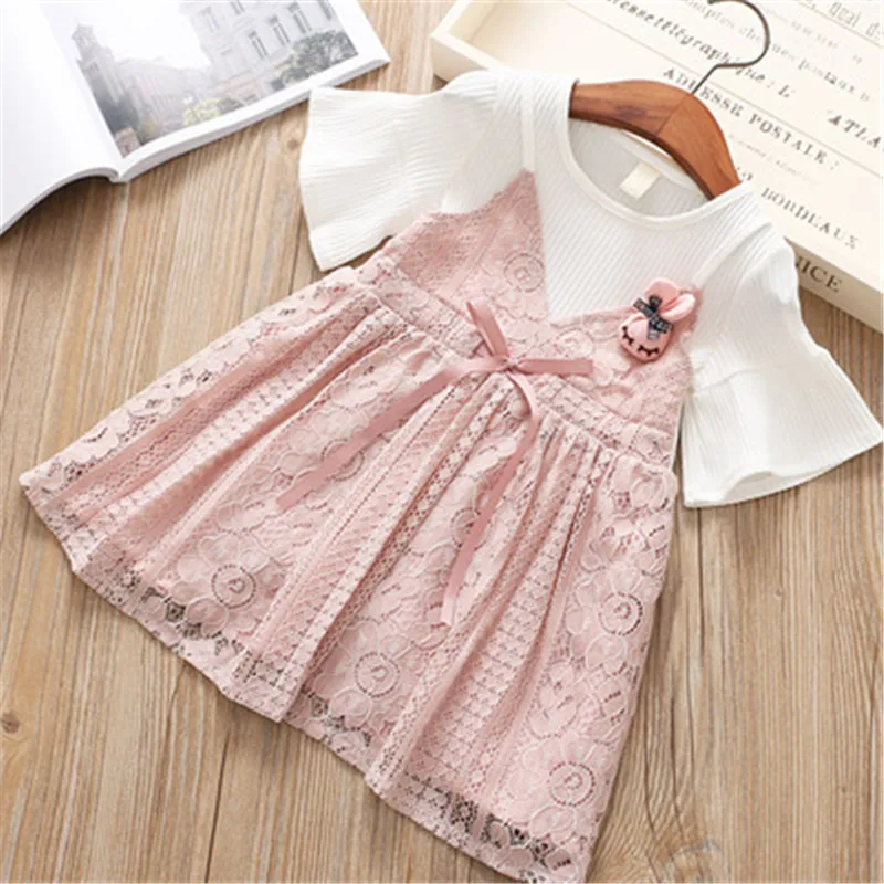 

Hurave Kids Clothes lace Casual solid dresses New baby Girl clothes Children Summer Clothing short sleeve dress