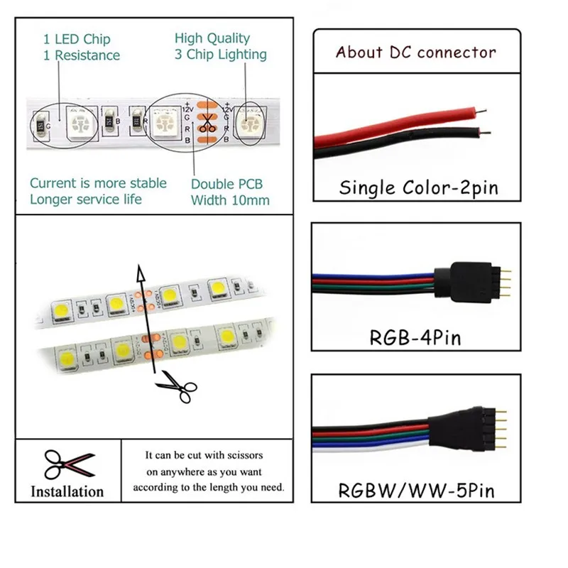 Светодиодный ленточный светильник RGB 12 В гибкий домашний праздничный декоративный светильник ing SMD 5050 водонепроницаемый 4PIN 2PIN 1 м-5 м ТВ фоновая стена Горячая M5