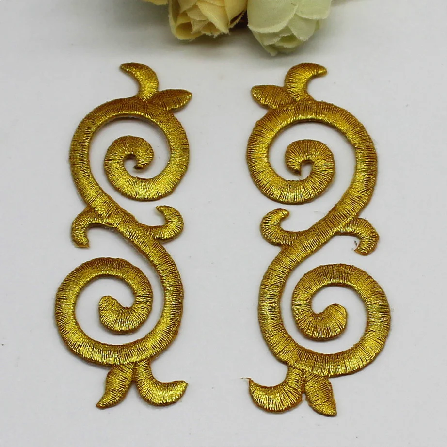 

YACKALASI 5 Pairs Gold Cosplay Costumes Trims Lace Applique Embroidered Patches Iorn On Black Mirror Pair 10cm*3cm