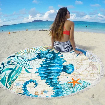 

Vintage Ocen Turtle octopus Whale Pattern Round Beach Towel With Tassels Microfiber 150cm Picnic Blanket Mat Tapestry ST1004