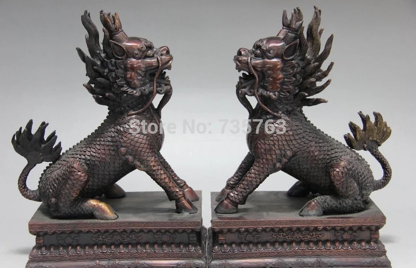 

00907 Chinese folk Red Bronze Copper Evil Foo Dog Lion Brave troops Kylin Kirin pair