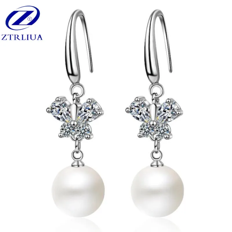 

Fashion Korean Style Exquisite 925 Sterling Silver Jewelry Female Small Fresh Crystal Bow Pearl Dangle Earrings SE362