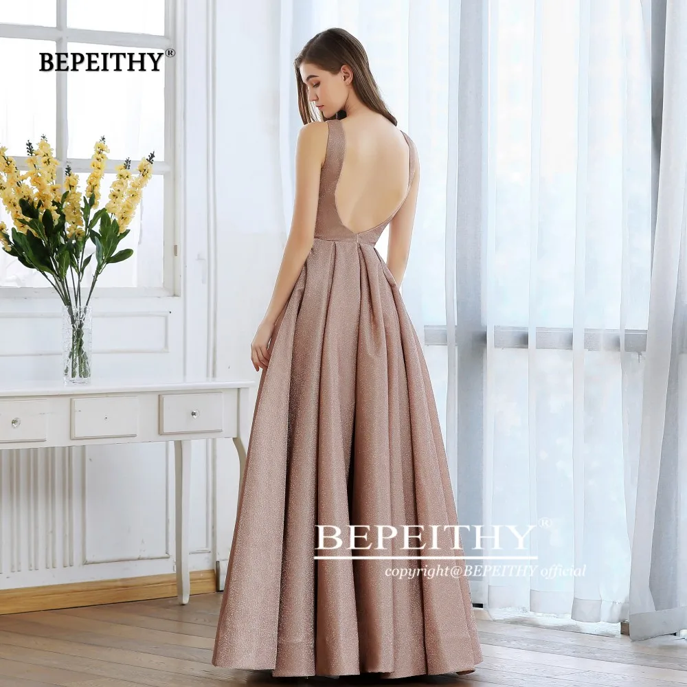 BEPEITHY Новое ТРАПЕЦИЕВИДНОЕ блестящее Золотое вечернее платье длинное Robe De Soiree Светоотражающие Сексуальные вечерние платья на выпускной с открытой спиной Abendkleider