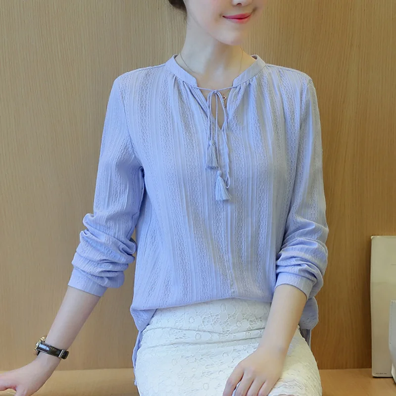 Blouses Casual Shirt Women Linen Cotton Lace Blouse Blouse Female Long-sleeved Shirt Korean Jacquard Drawstring Loose