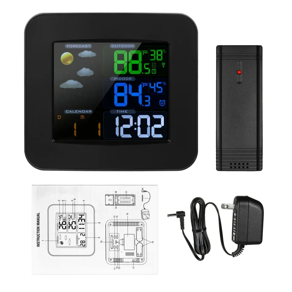 Multifunctional Wifi Color Weather Station Temperature Humidity Meter Barometer Digital Time Calendar Display Snooze Function - Цвет: US Plug