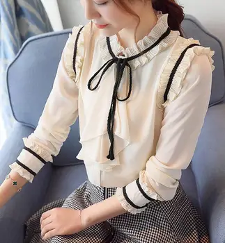 

Free Shipping 2017 Autumn New Arrival Bowknot Tie Wavy Edge Long Sleeve Woman Chiffon Blouse