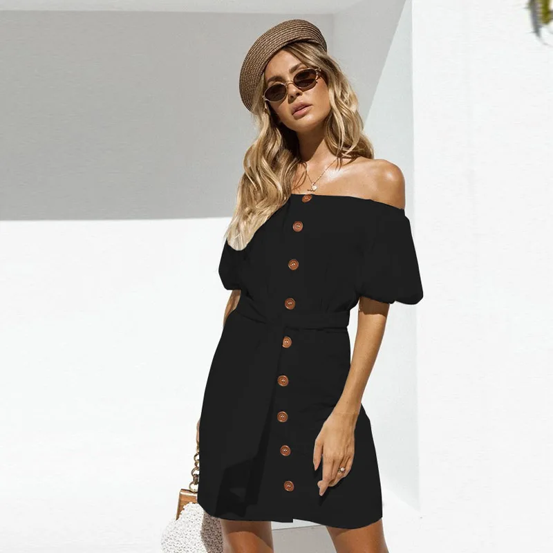 Qunndy Women Dress Summer Sexy Short Sleeve Off Shoulder Solid Boho Style Short Party Beach Dresses Robe Vestidos de fiesta (8)