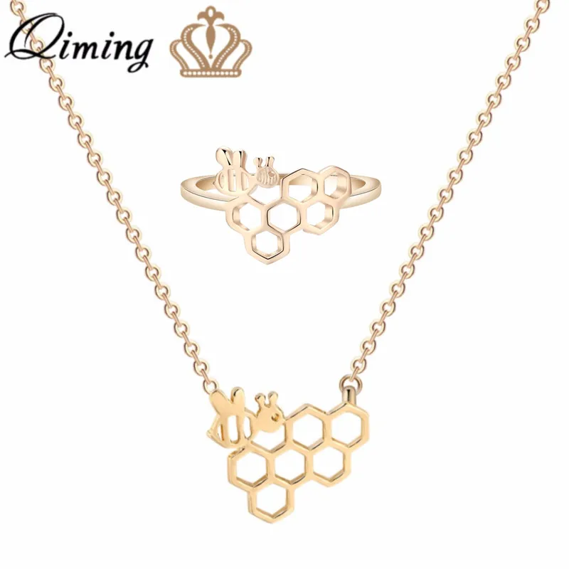 

QIMING Beehive Lovely Jewelry Set Honeycomb Insect Bee Statement Necklace Women Girls Children Birthday Gift Cute Cheap Ring