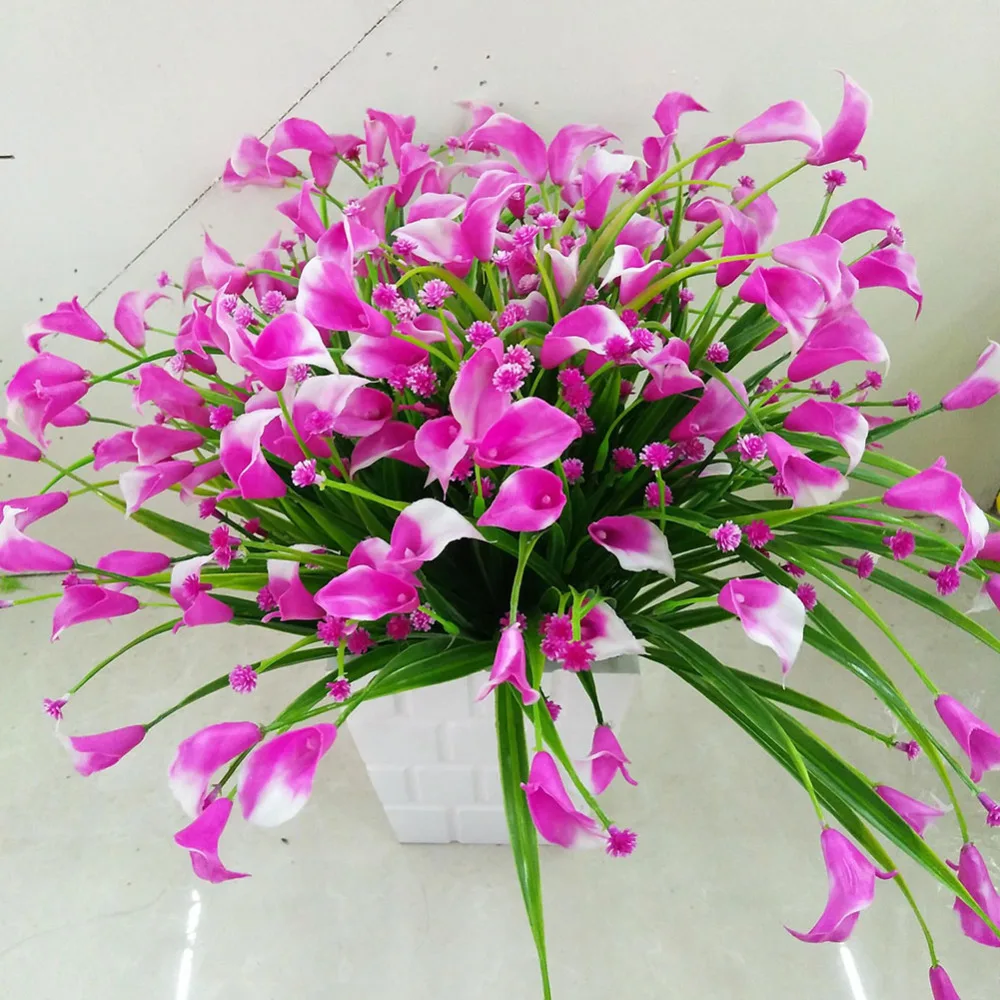 

1 bunch 7 forks 21 heads Artificial Calla with Leaf Bouquet Plastic Fake lily Aquatic Plants Home Room Decoration Flower