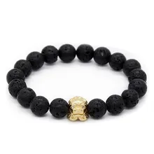 Poshfeel Йога ювелирные изделия мода 10 мм Лава Камень Античное золото брелок-Чарм в форме головы льва эластичный браслет из бусин мужские ювелирные изделия Mbr170355