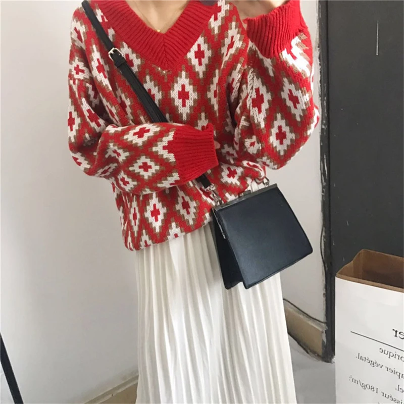 

HziriP 2018 Women Sweater Pullovers Fashion Casual Long Sleeve V-Neck Diamond Pattern Knitted Cotton Pattern Ladies Warm Tops