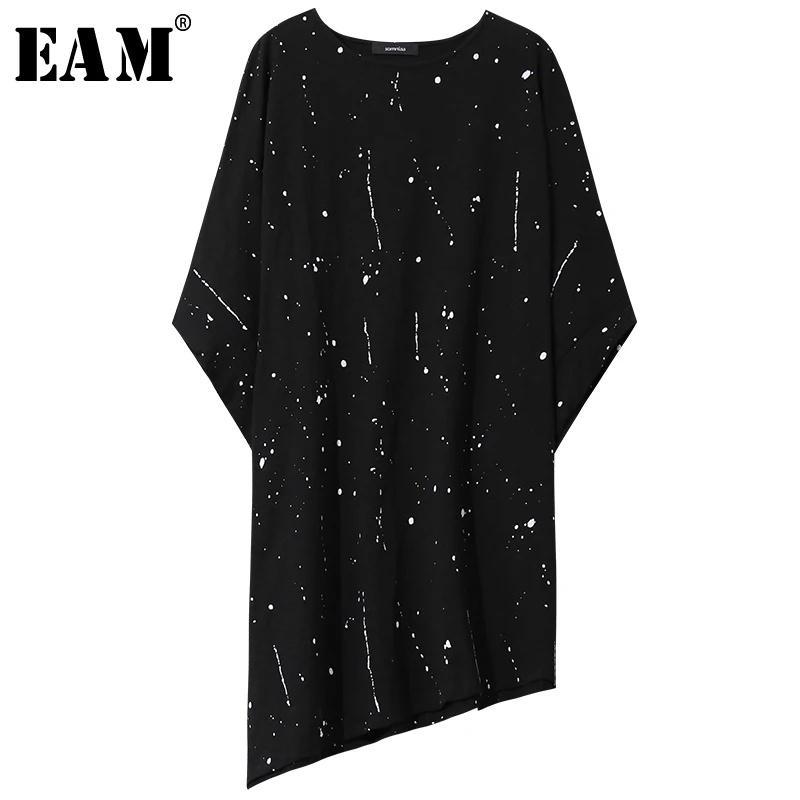 

[EAM] 2019 New Spring Summer Round Neck Half Batwing Sleeve Graffiti Loose Big Size Irregular T-shirt Women Fashion Tide JY721