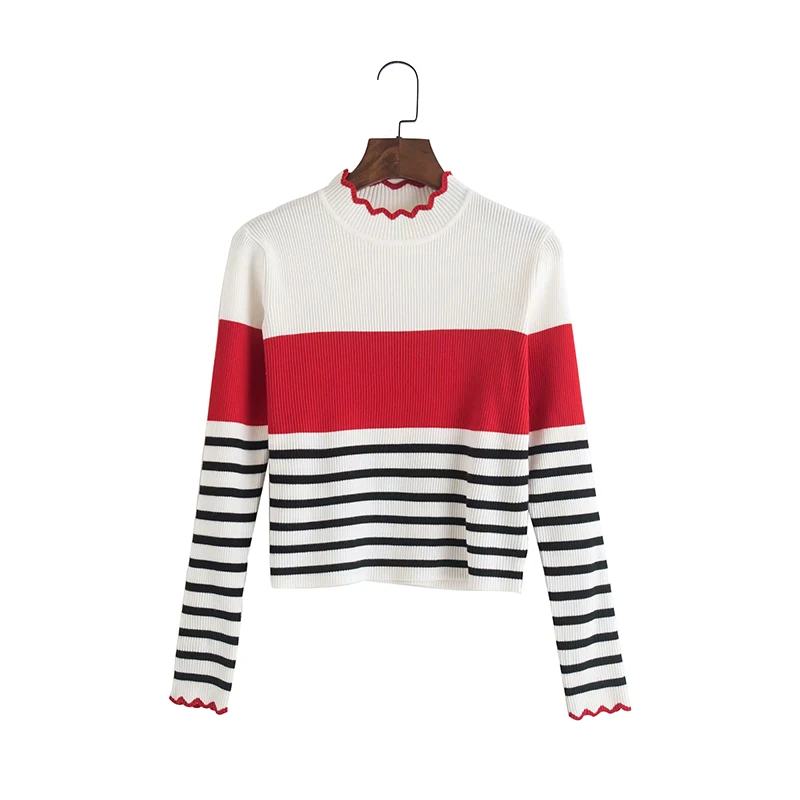 

Autumn Spring Casual Sweater Ruffles Wave Cut O-neck Stripe Women Sweater Long Sleeve Ladies Knitted Pullover Basic office