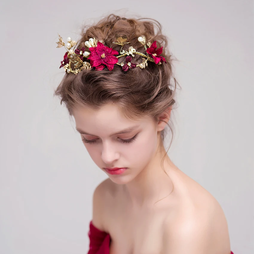 

Handmade Bride headdress red silk flower headwear wedding styling hair accessories hair ribbon Party queen hairband