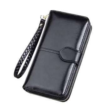 

Hot Women Solid Color Waxy Leather Long Zipper Wallet Phone Holder Purse Gift