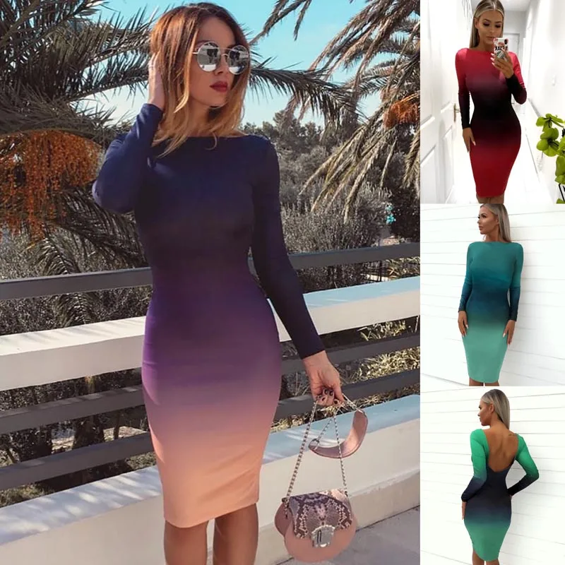 

New 2019 Spring Autumn Gradient Color Long Sleeve Print Midi Dress Sexy Elegant Bodycon Party Dress Women Red Blue Green Dress