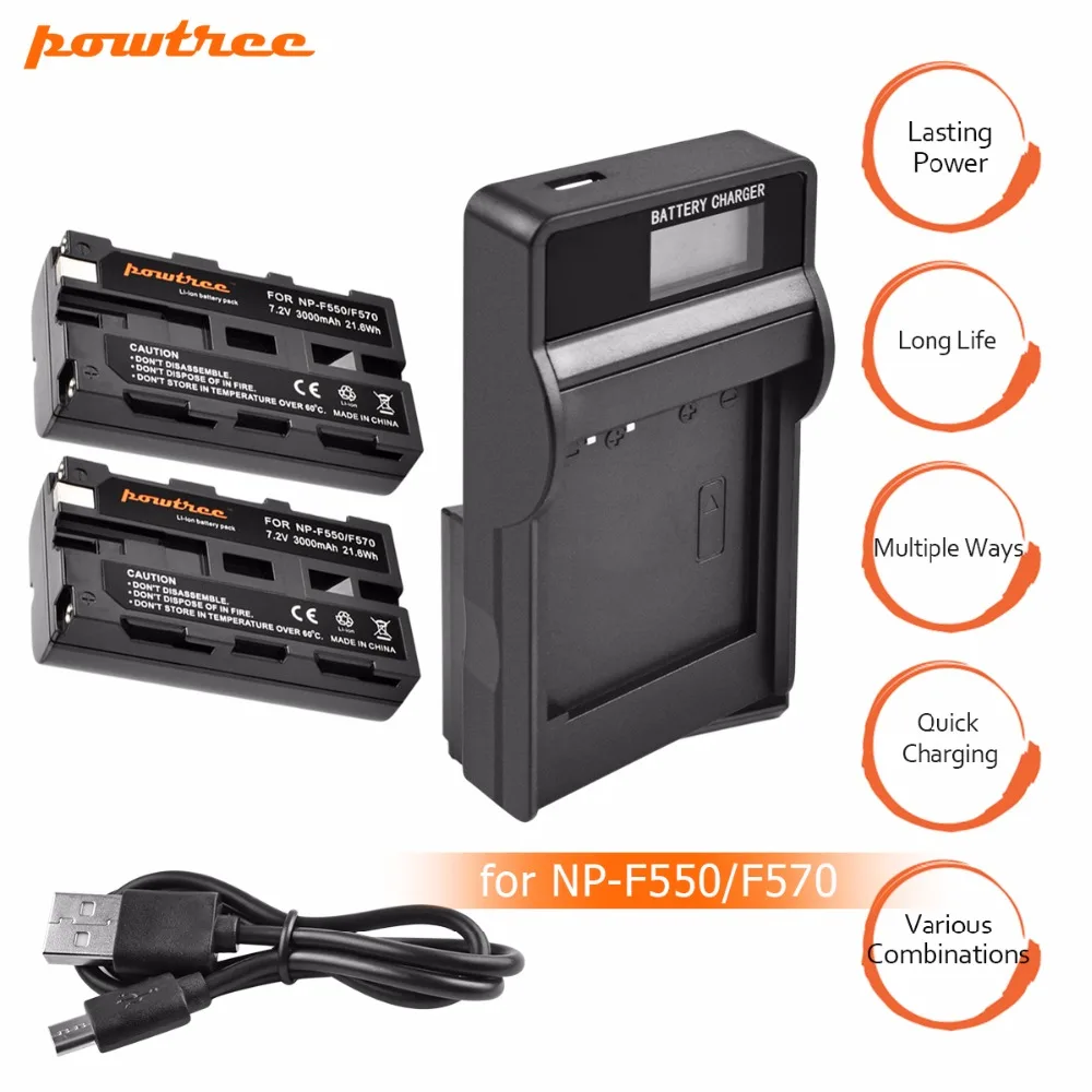 

2Packs NP-F750 Li-ion Battery 7.2V 3000mAh Battery+1Port Battery chager with LED for Sony NP-F550 NP-F770 NP-F750 F960 F970 L10