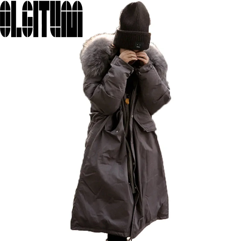 Hot selling 2017 NEW fashion Oversized Down Parka Black Long Coat Military Parka Korean Large Raccoon
