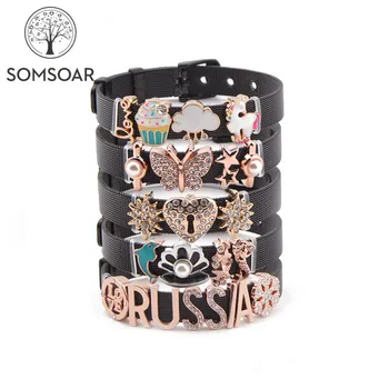 

Dropshipping Somsoar Jewelry Black Mesh Bracelet set Stainless steel DIY Charmbands Bracelet Bangle with hot charms as gift
